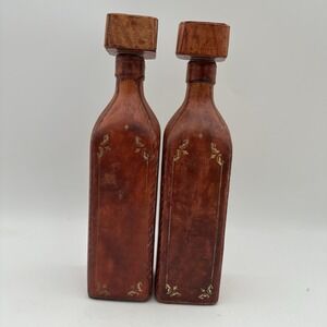 Lot Of 2 E&R Golden Crown Bottle Decanters Leather Covered Glass Made In‎ Italy